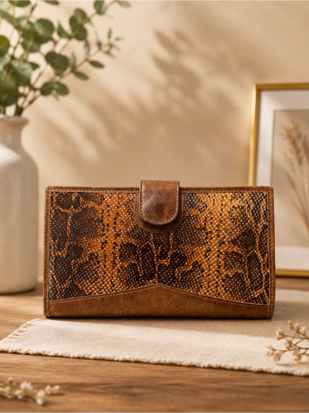 Snake-Print Brown Leather Wallet Clutch - Women Bags